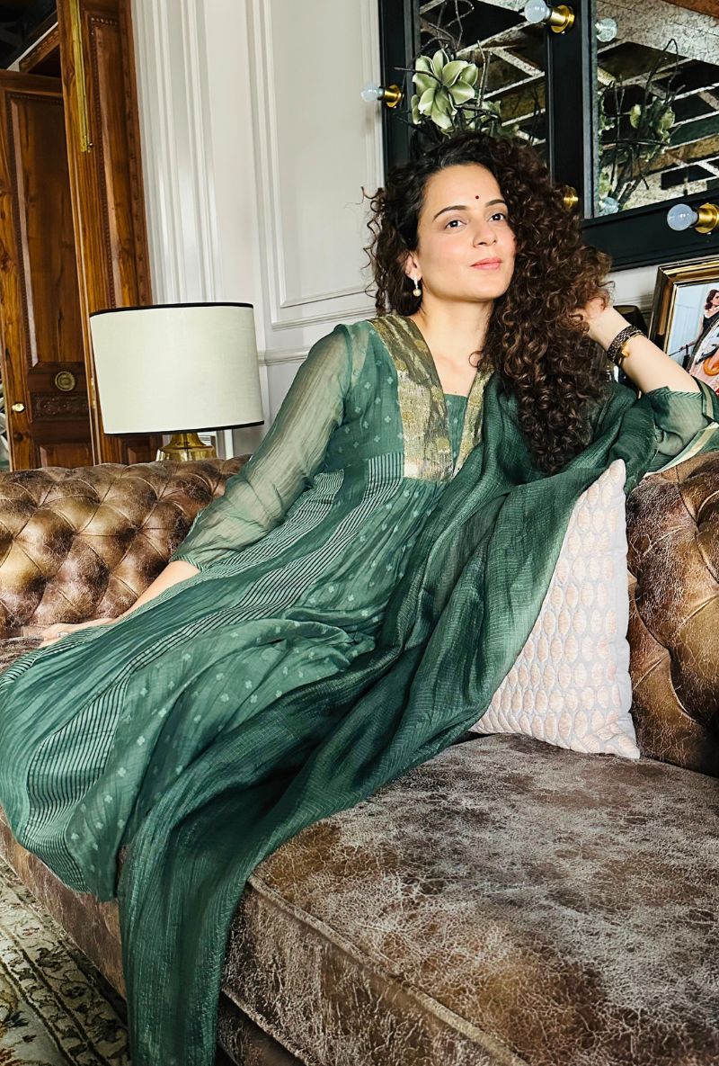Kangna Ranaut in Sage Green Jackquard Panel Ruhi Kurta Set