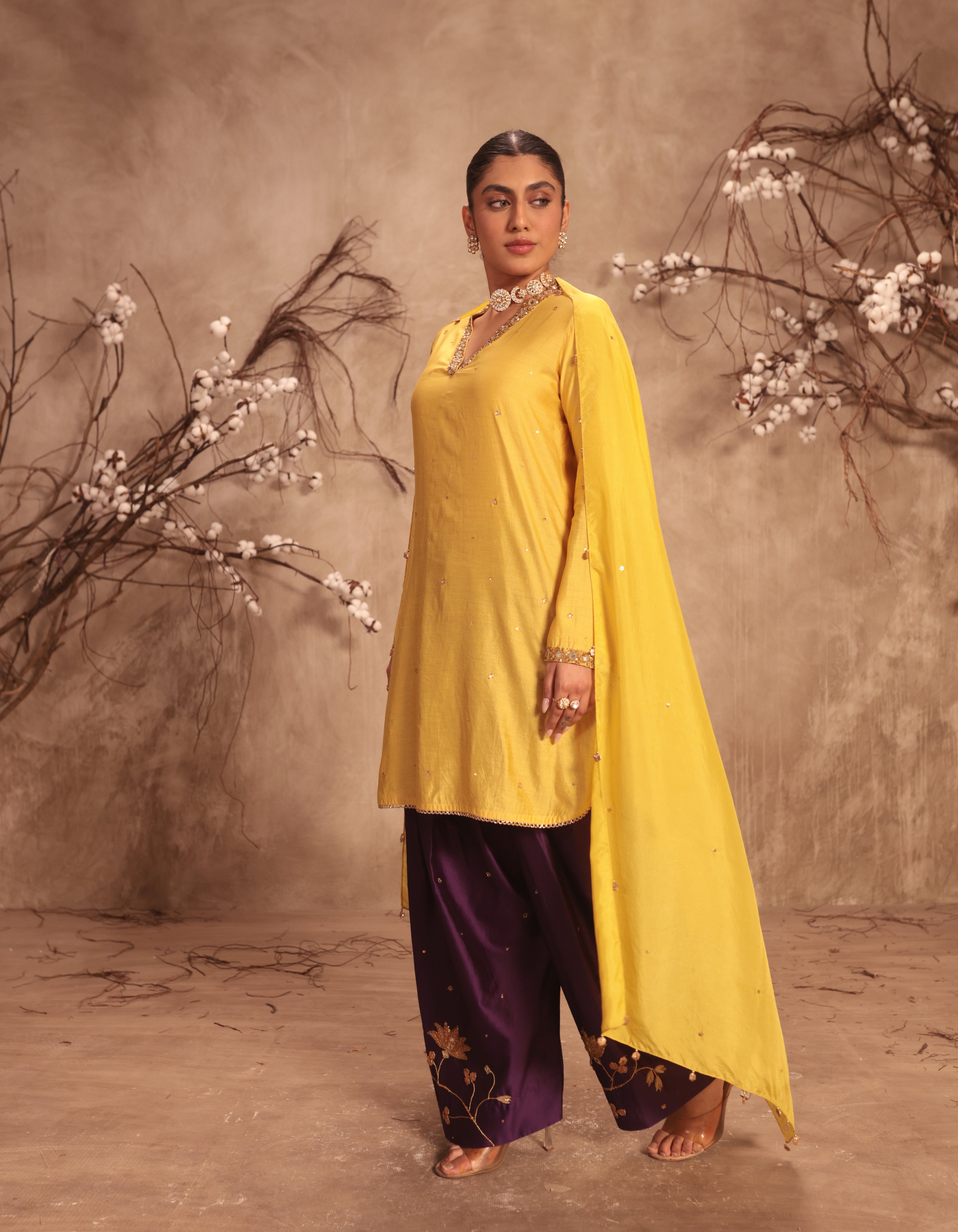 Yellow Jaal Rani Kurta Set