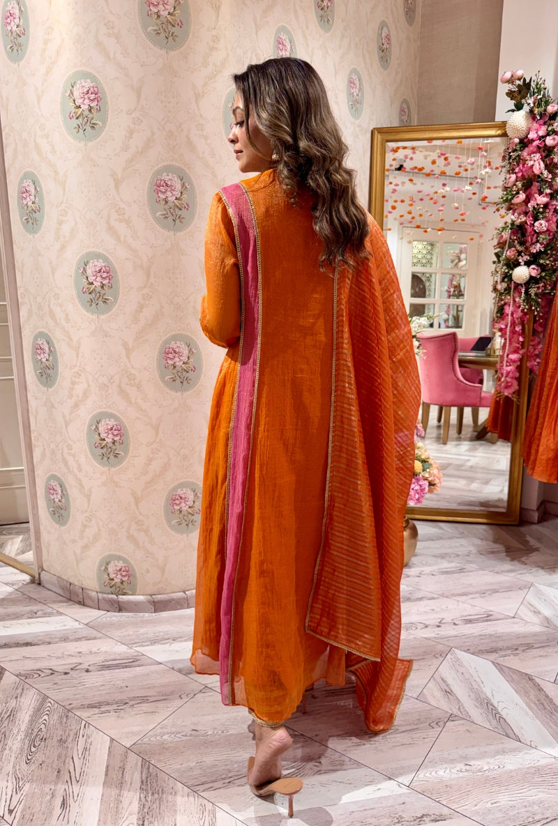Meghna Nayyar in Rust Embroidered Overlap Yoke Anarakali Set