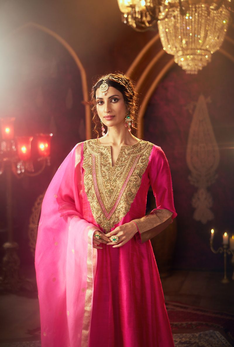 Hot Pink Heavy Embroidered Yoke Kainaat 2.0 Anarkali Set