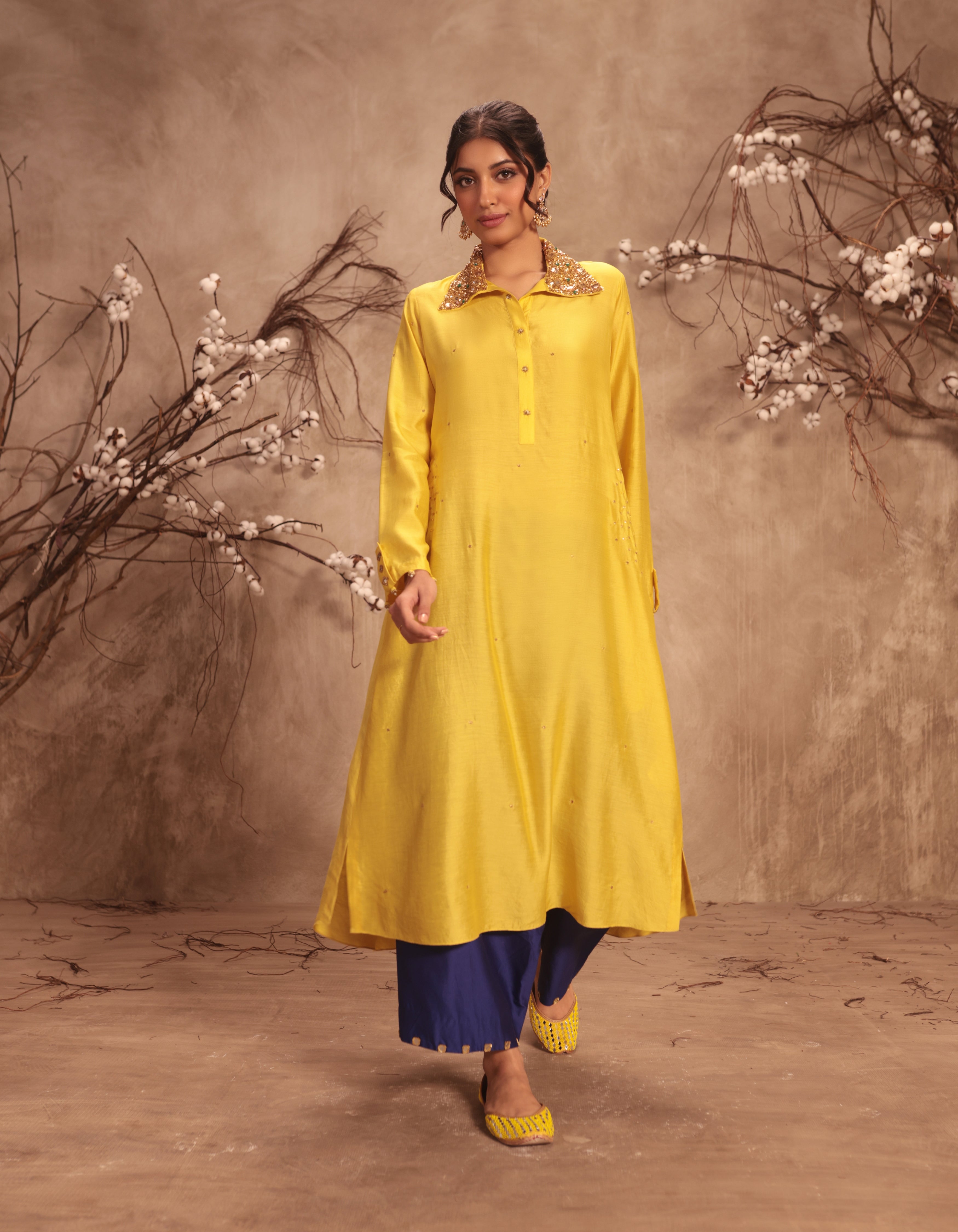 Yellow Heavy Collar Rani Kurta Set