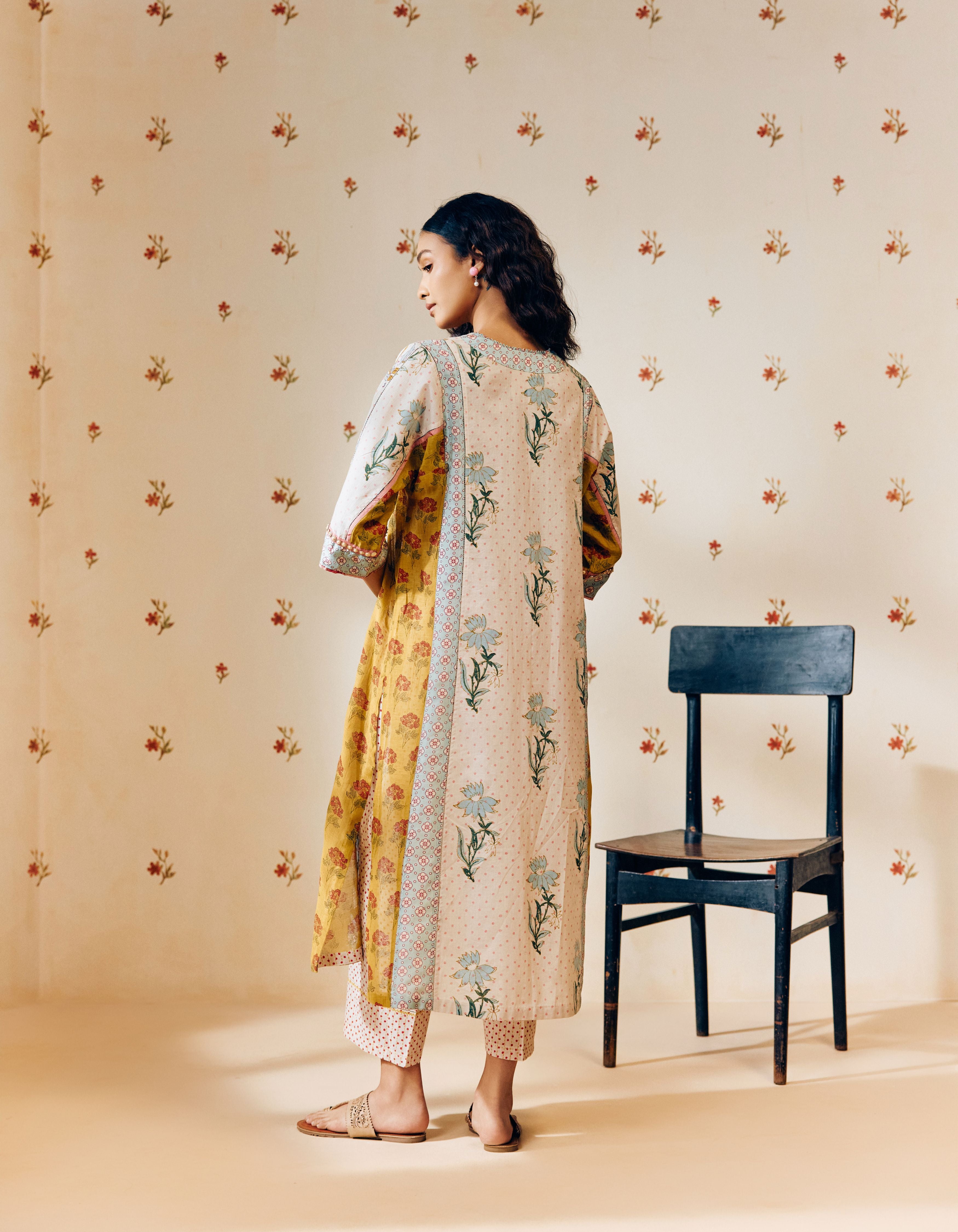 Off White And Mustard Hand Block Printed Silk Multi Panel Mia Kurta Set