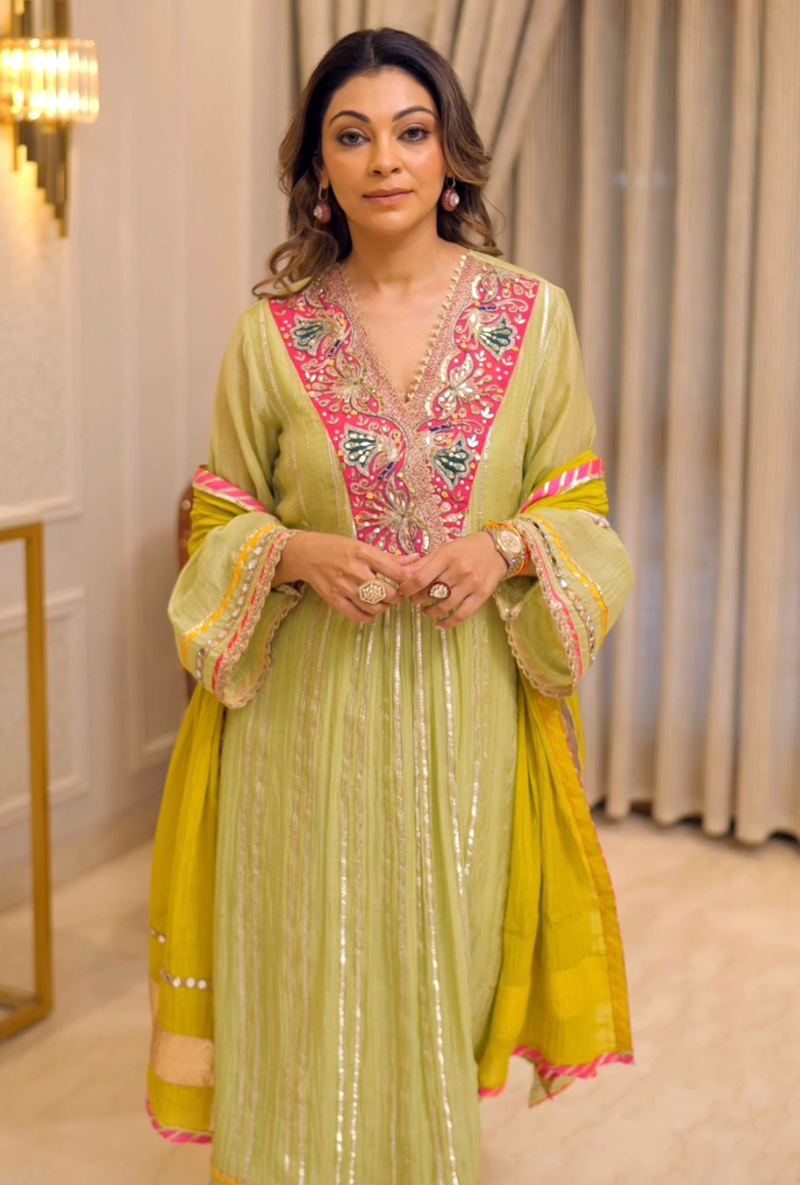 Meghna Nayyar in Mint Green Embroidered Overlap Morbagh Kurta Set