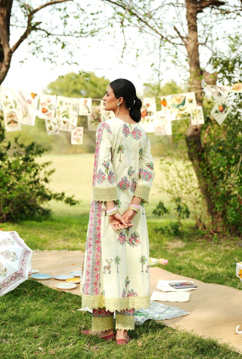 Lime Green Front Yoke Gathered Gulmohar Kurta Set