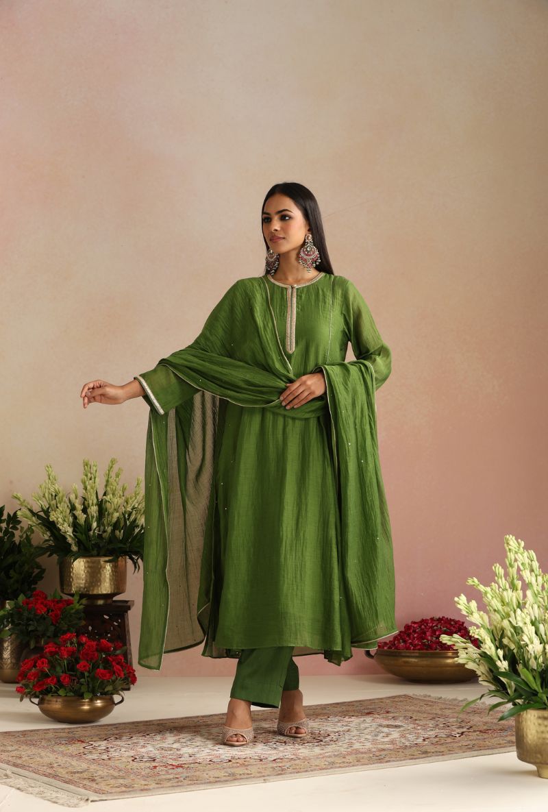 Olive Green Cheeta Work Itrh Kurta Set