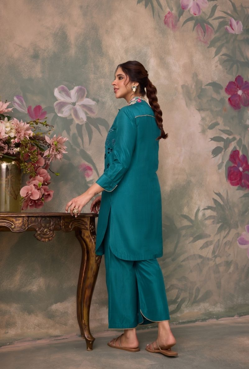 Teal Green Embroidered Side Panel Jalsa Co-Ord Set