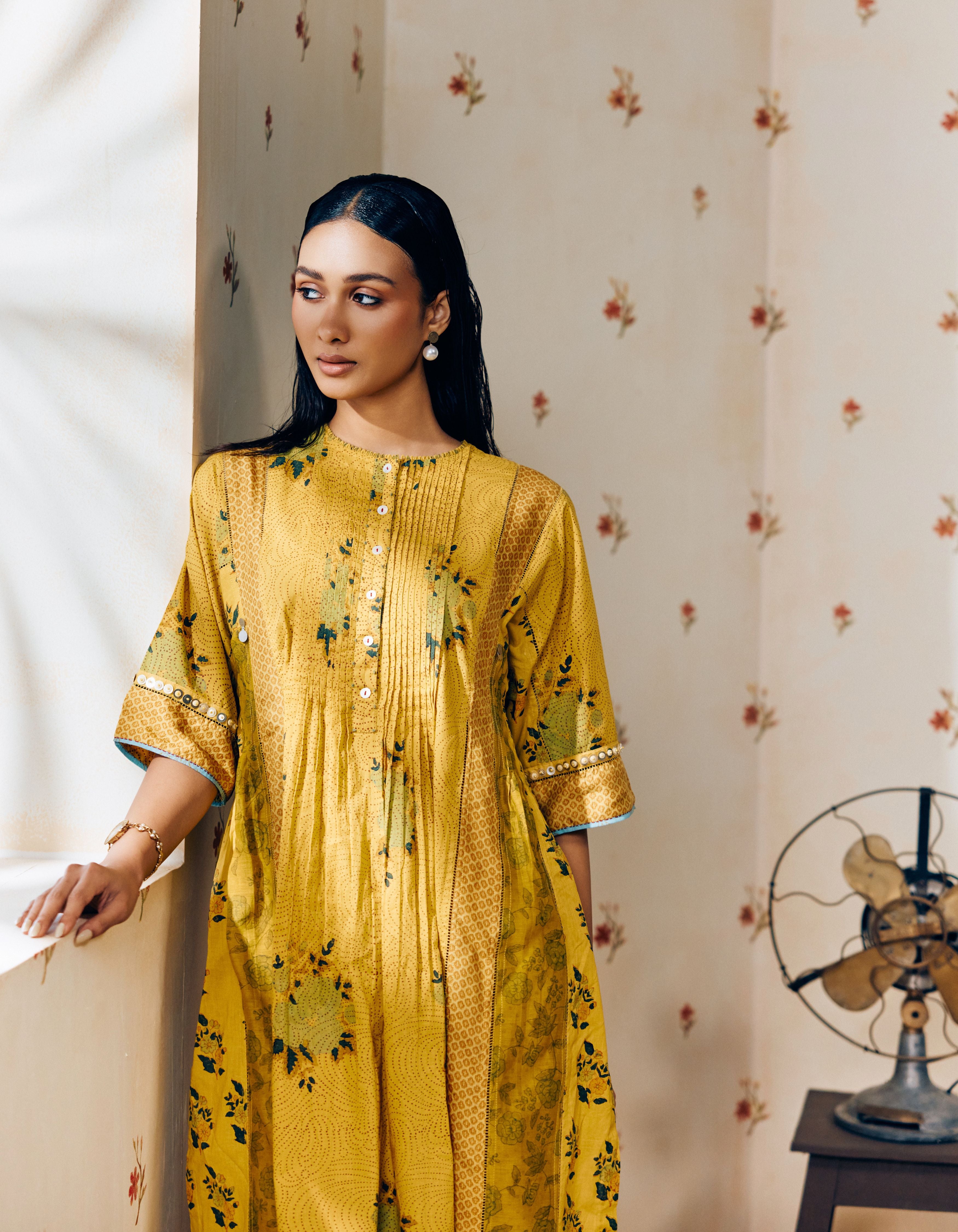 Mustard Front Gathers Hand Block Printed Multi Panel Mia Kurta Set