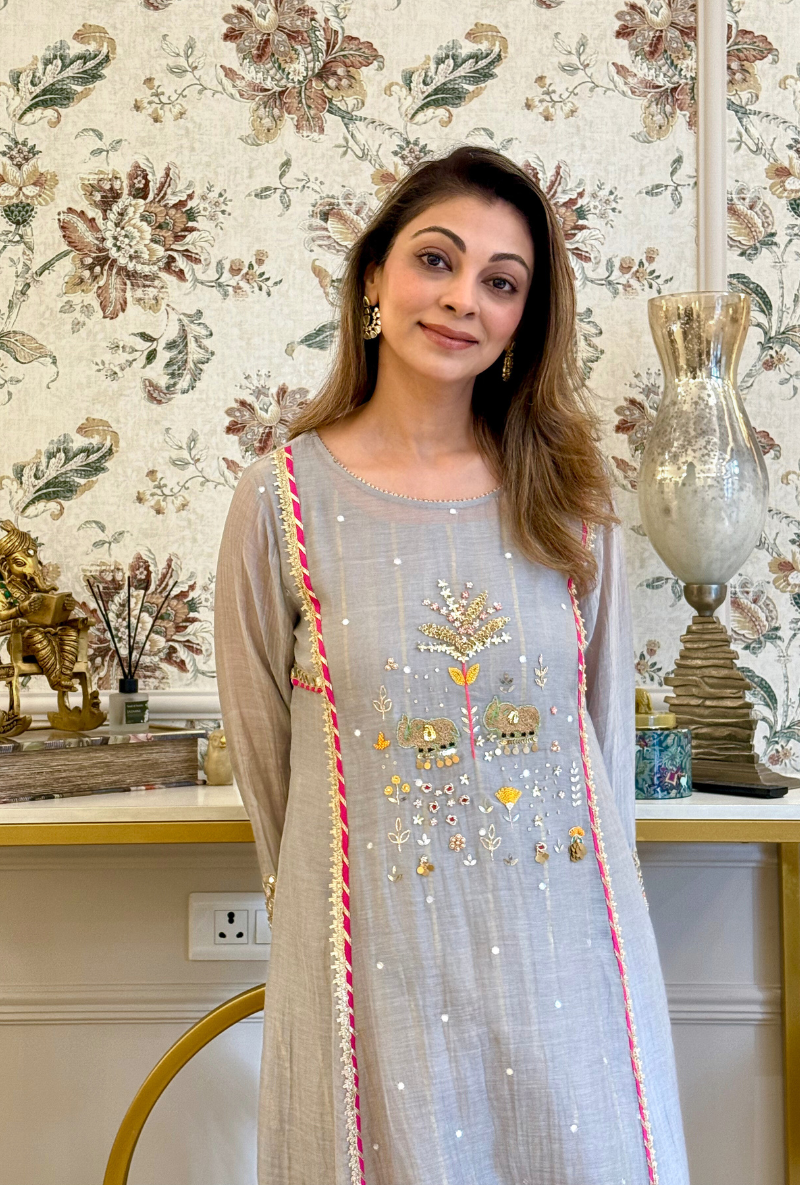 Meghna Nayyar in Grey Elephant Motif Morbagh Kurta Set