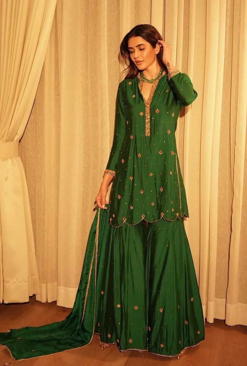 Karishma Tanna in Green Mirror Work Rani Sharara Set