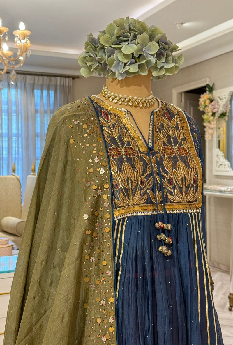 Blue Heavy Hand Embroidered Yoke Front Gather Anarkali Set