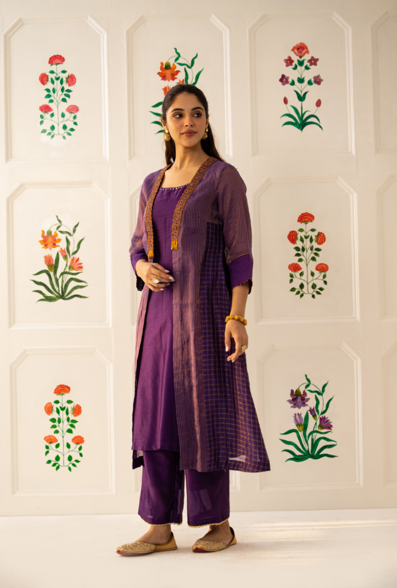 Purple Check And Stripe Kishmish Jacket Set