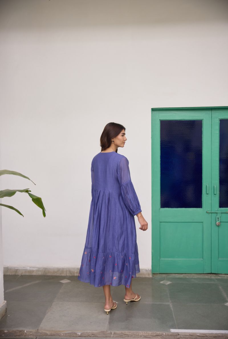 Blue Floral Embroidered Yoke Vaidehi Dress
