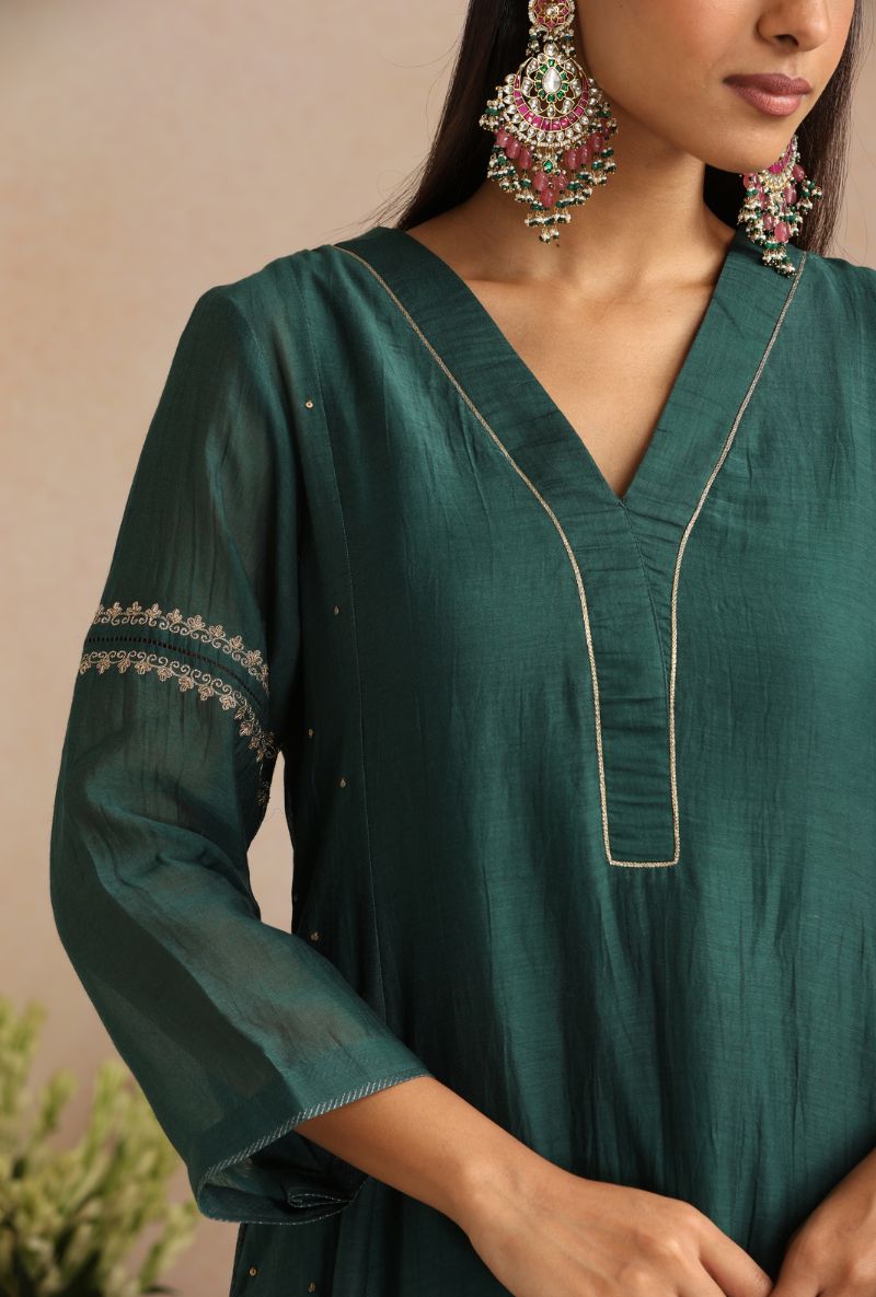 Bottle Green Hand Ebroidered Itrh Kurta Set