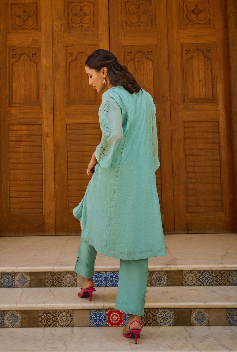 Turquoise A Line Hand Embroidered Anaardana Kurta Set