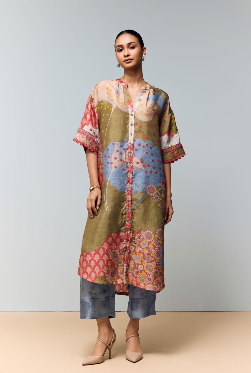 Ice Blue Hand Printed Full Placket  Eden Co-Ord Set