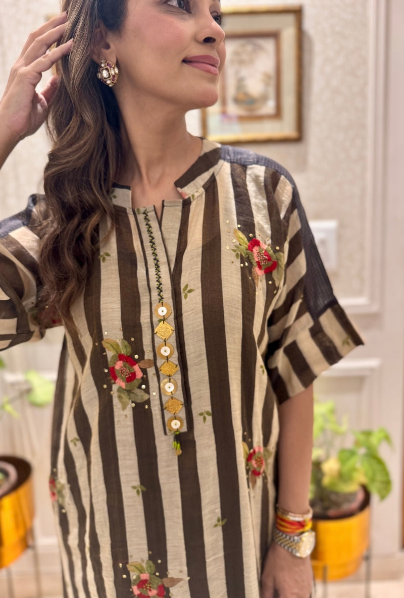 Meghna Nayyar in Brown Stripes Thread Work Co-ord Set