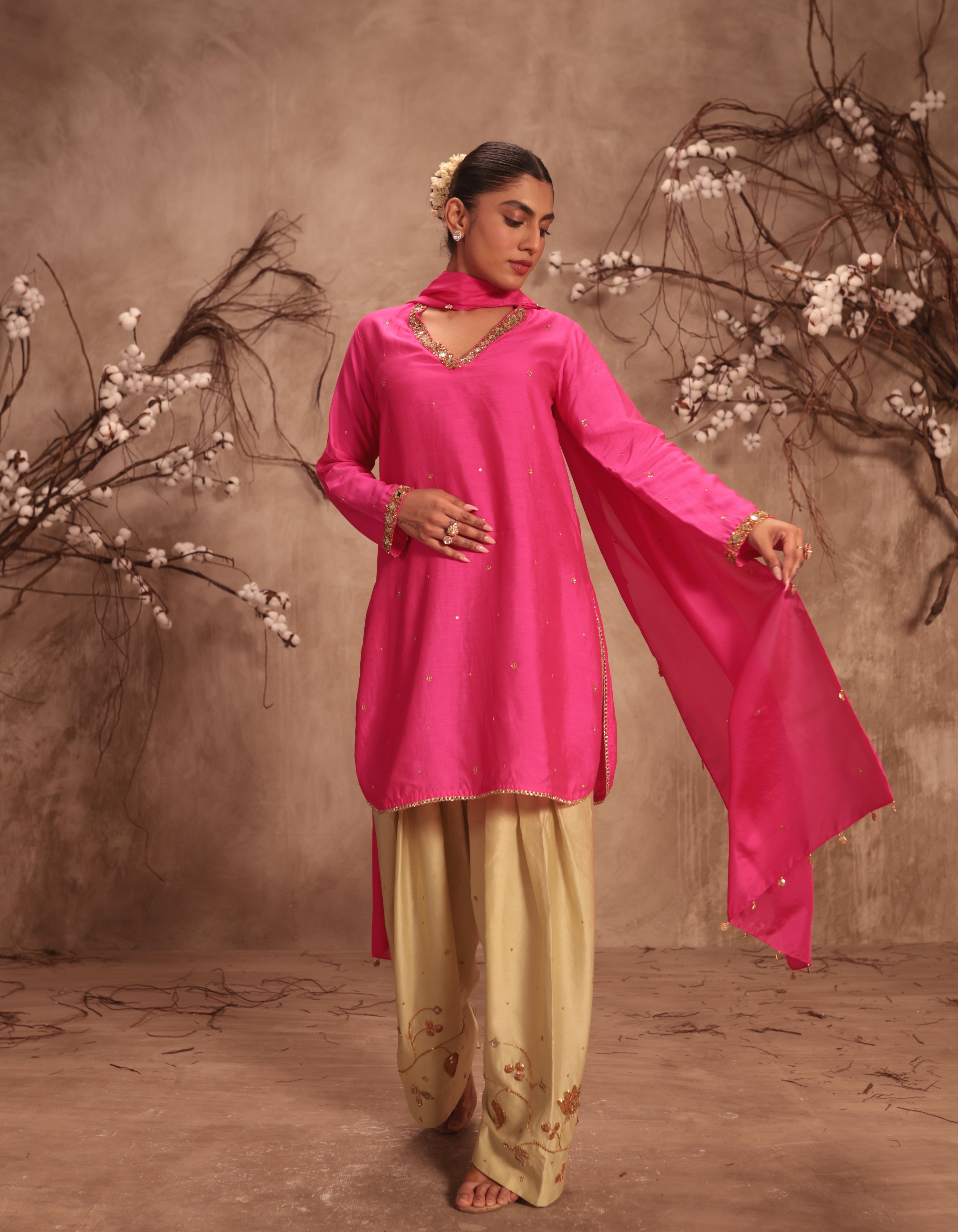 Hot Pink Jaal Rani Kurta Set