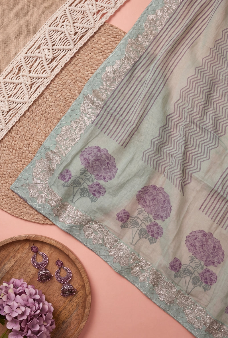Foil work Yoke Block Print Unstitched Suit Set
