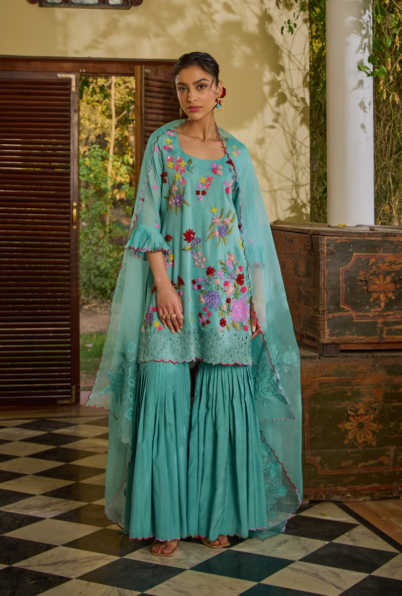 Turquoise Hand Embroidery Cut Work Short Kurta Anaardana Gharara Set