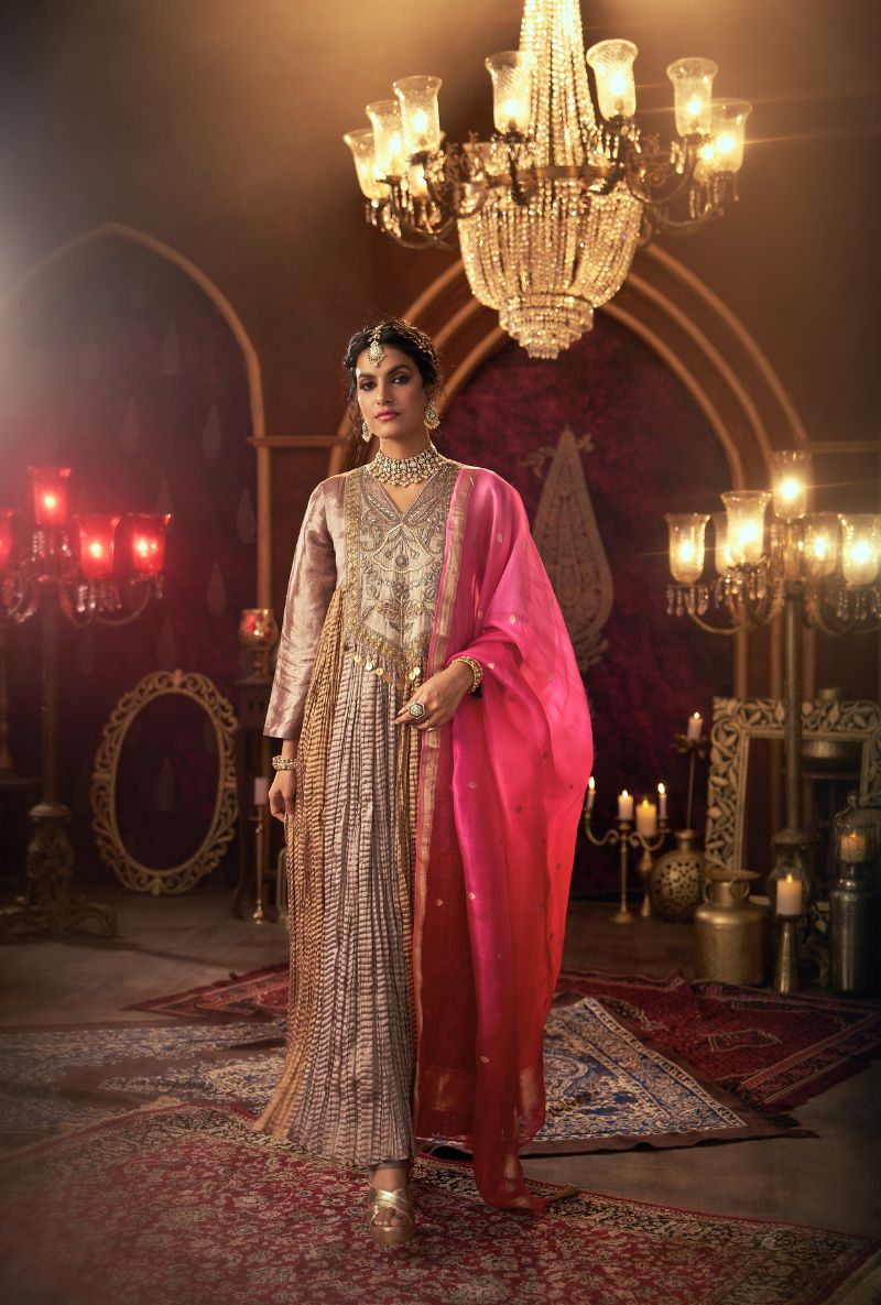 Metallic Pink Crushed Long Yoke Kainaat 2.0 Anarkali Set