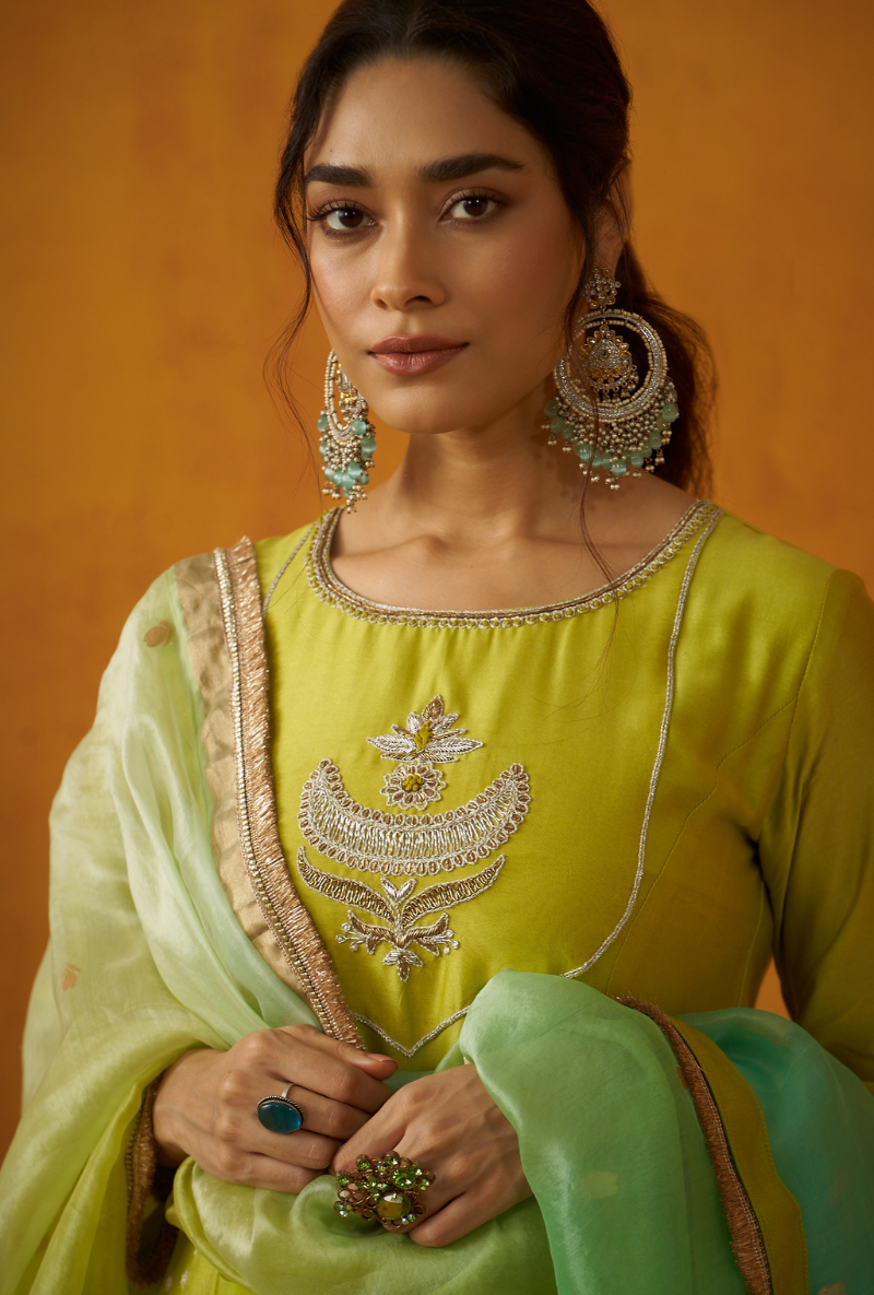Green Kalidaar Embroidery Banarasi Kainaat Anarakali Set