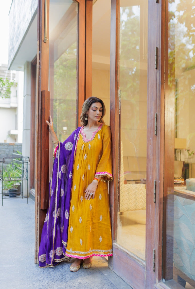 Meghna Nayyar in Mustard Embroidered Neck Front Gather Kurta Set
