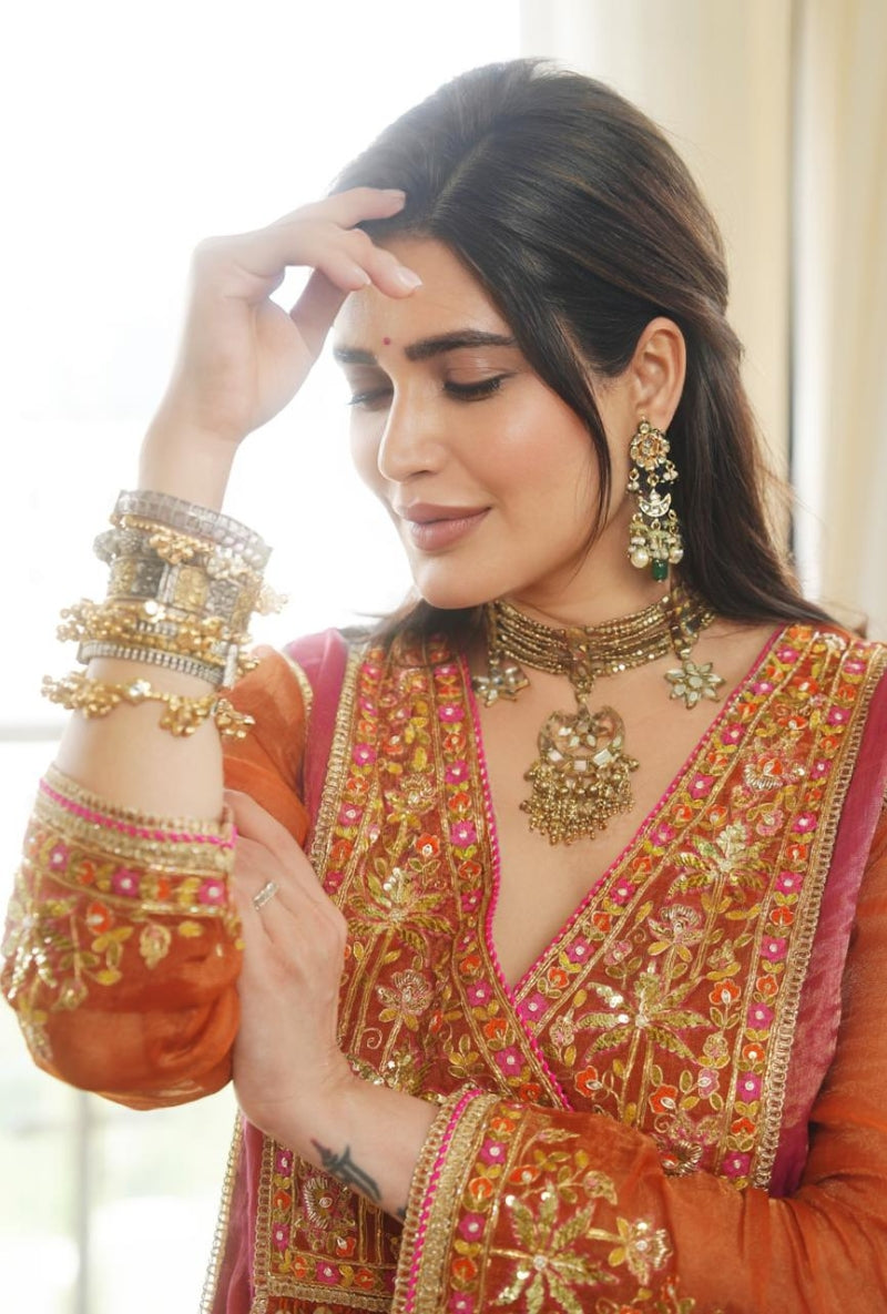 Karishma Tanna in Rust Embroidered Overlap Yoke Gulbano Anarkali Set