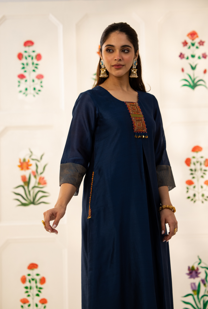 Blue Double Box Pleat Kishmish Kurta Set