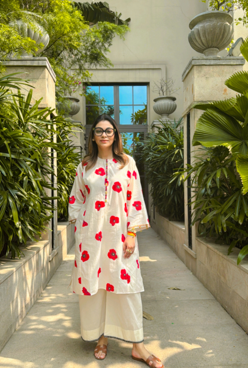 Meghna Nayyar in White Hand Embroidered Poppy Love Letters Kurta Set