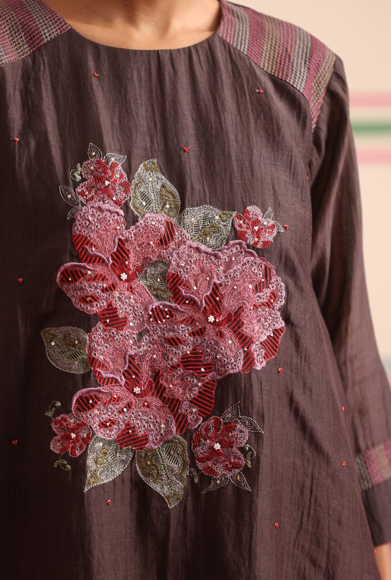 Brown Big Embroidered Floral Motif Kairi Co-ord Set