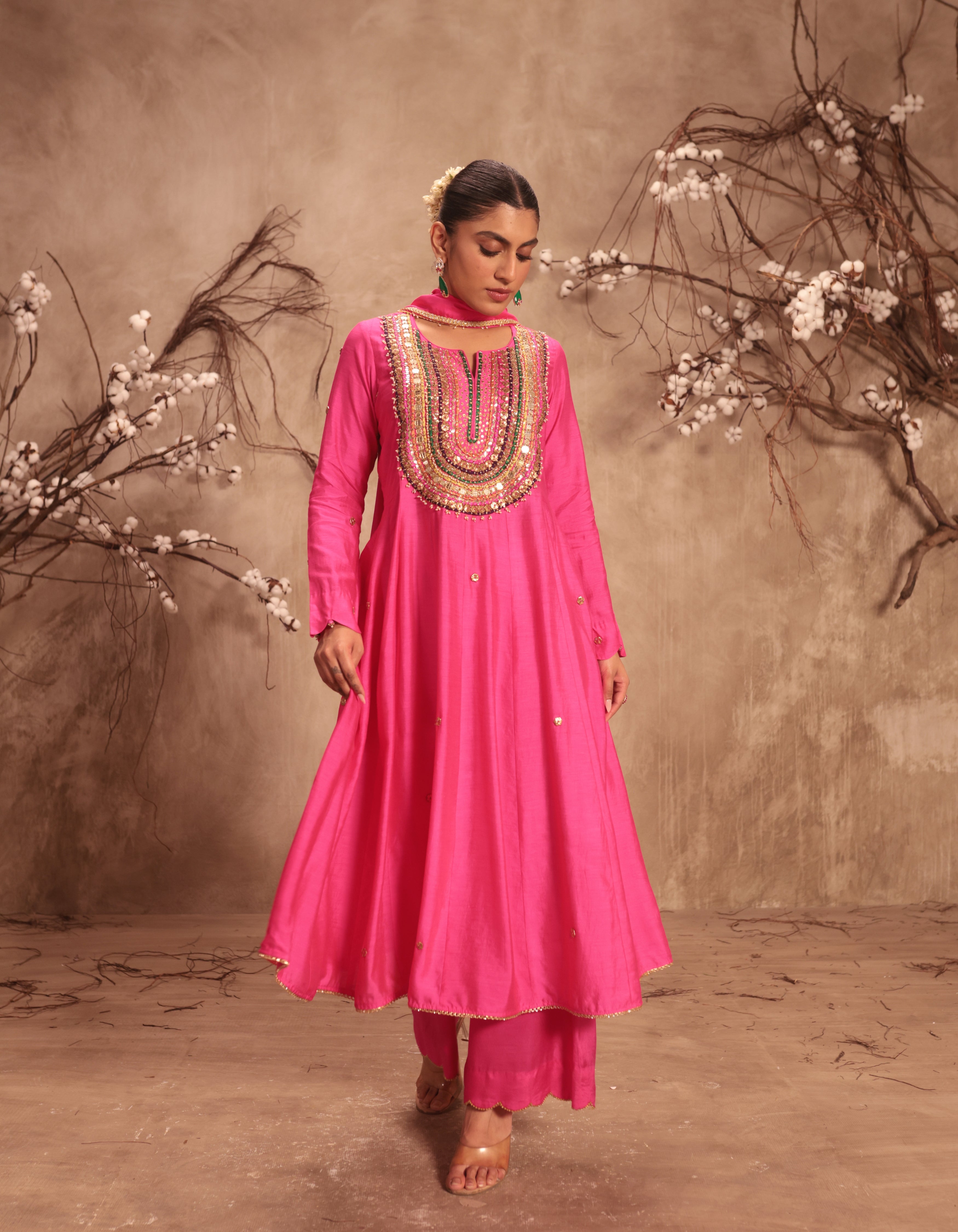 Hot Pink Multicolour Yoke Rani Anarkali Set