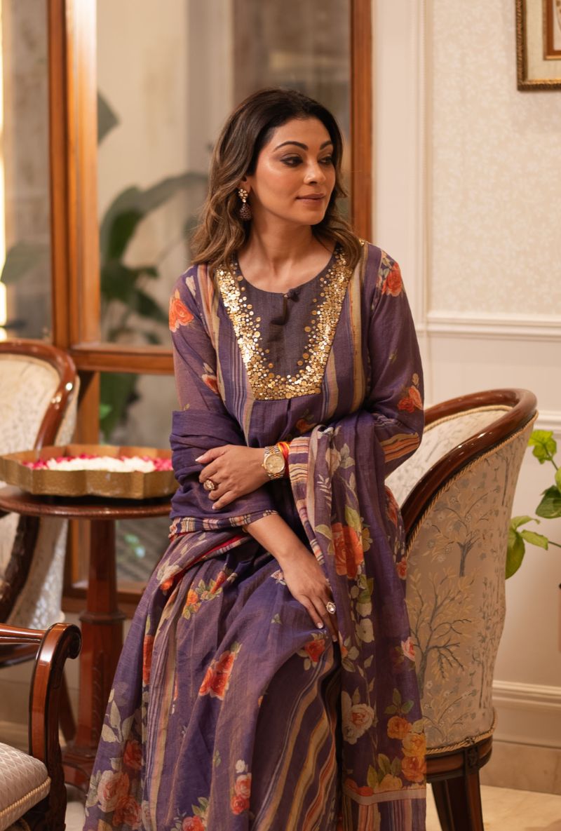 Meghna Nayyar in Purple Sequin Yoke Bageecha Anarkali Set