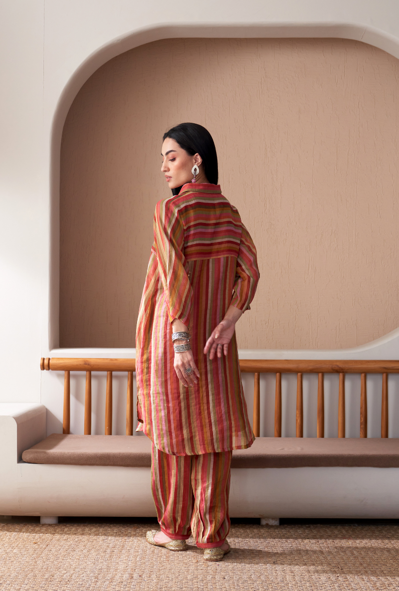 Red Anti Fit Stripe Bageecha Kurta Set