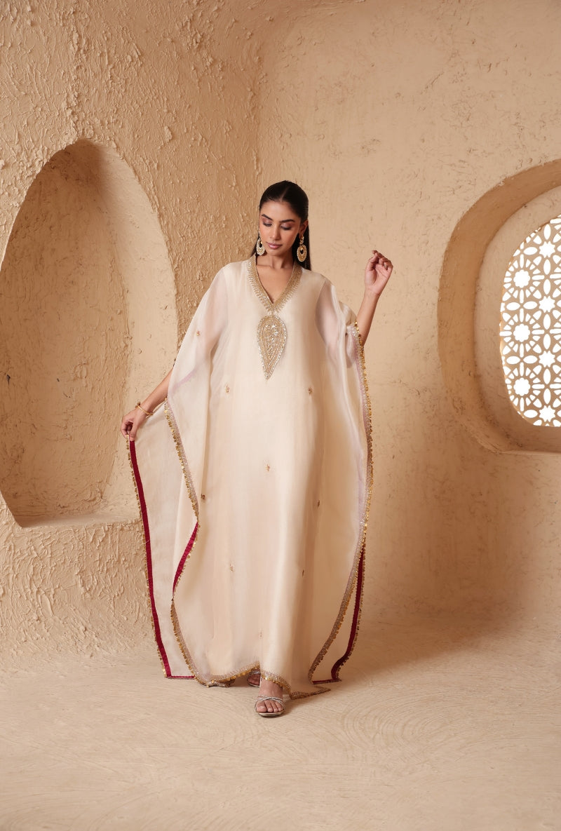 Ivory Dori Embroidery Yoke Nihira Kaftan