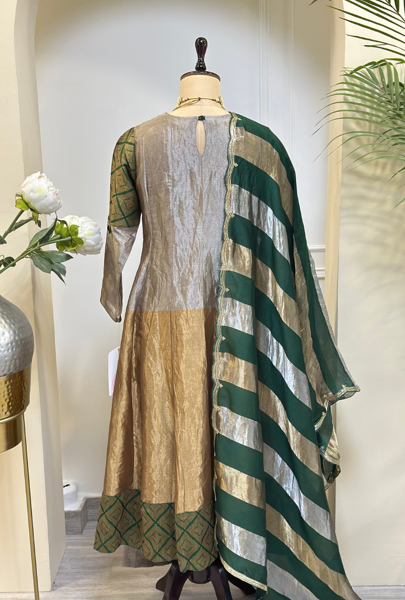 Madhuri Grover in Silver Yoke Tissue Metallic Kainaat Anarkali Set