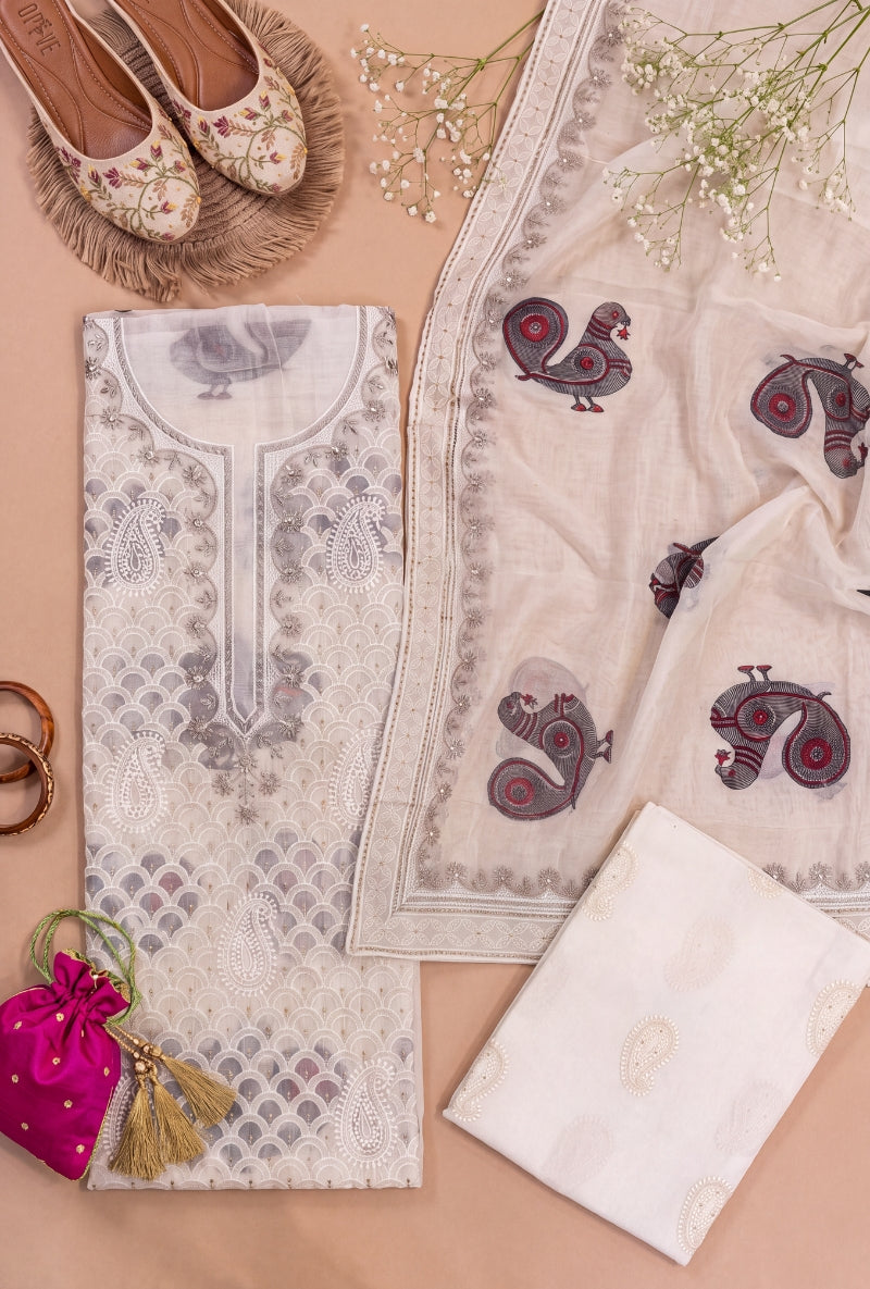 All Over Block Print Lucknowi Embroidery Unstitched Suit Set