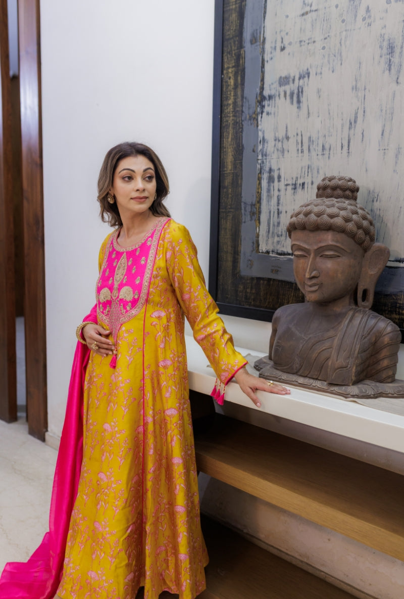 Meghna Nayyar in Mustard Heavy Yoke Block Print Kurta Set