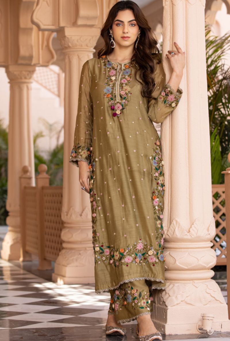 Olive Green Orchid Heavy Long Sahiba Kurta Set