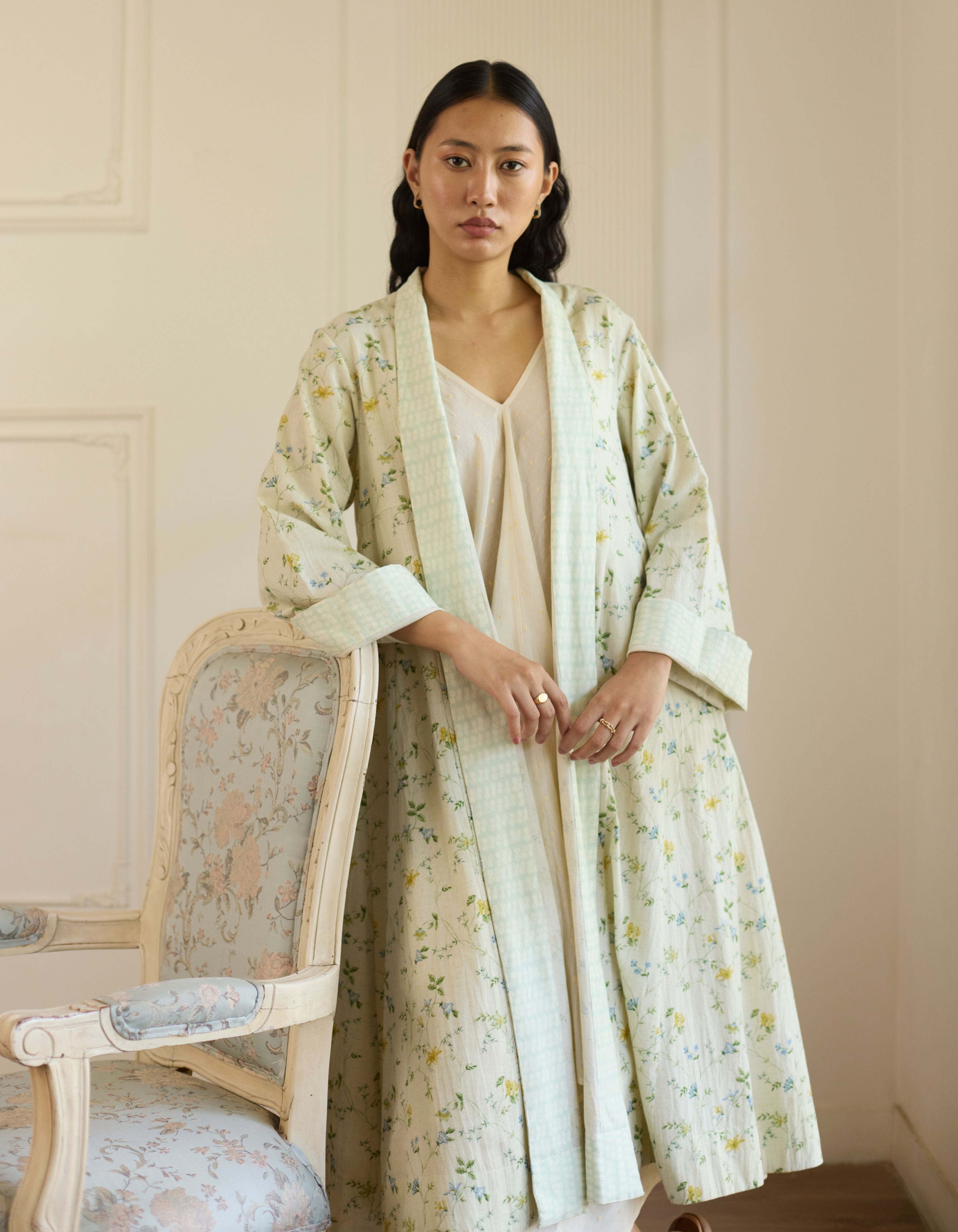 Ivory And Mint Green Floral Print Amelia Jacket Set