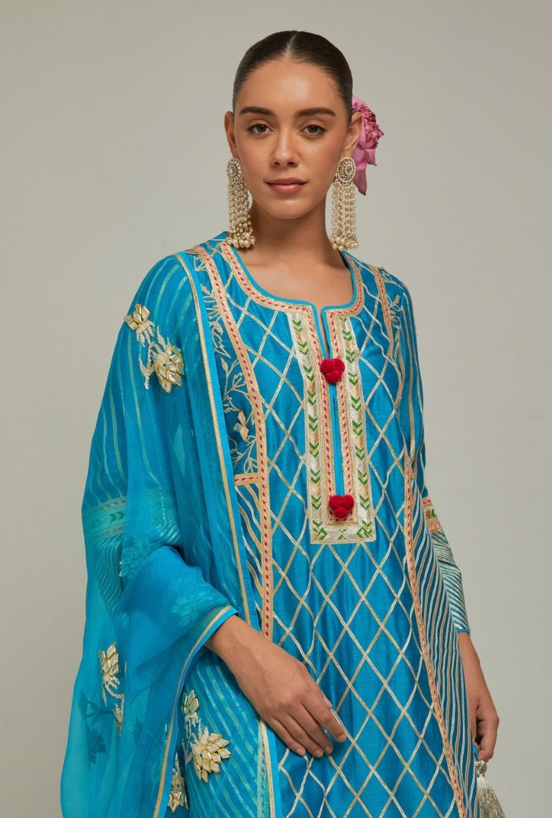 Peacock Blue Gota Jaal Work Mehreen Farshi Set