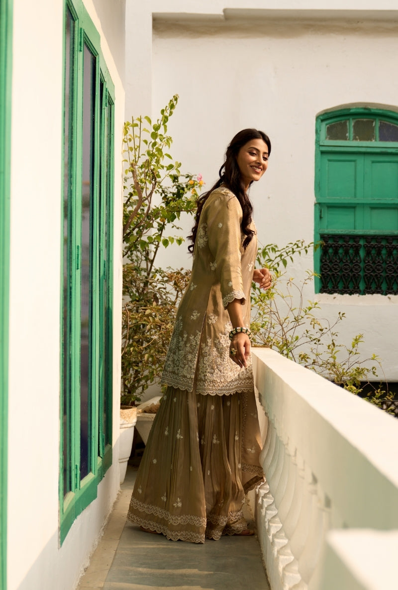 Mouse Beige Pearl Embroidery Nadira Sharara Set