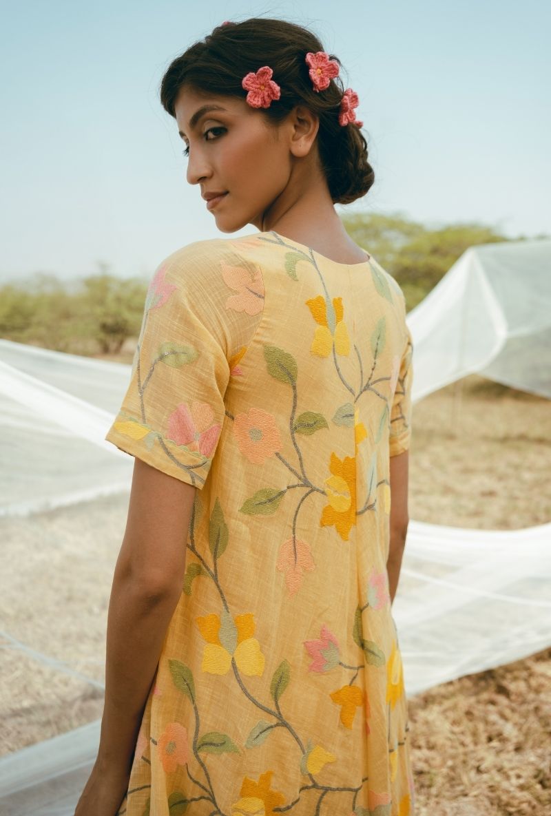 Yellow Muti Floral Jaal A-Line Barfi Kurta Set