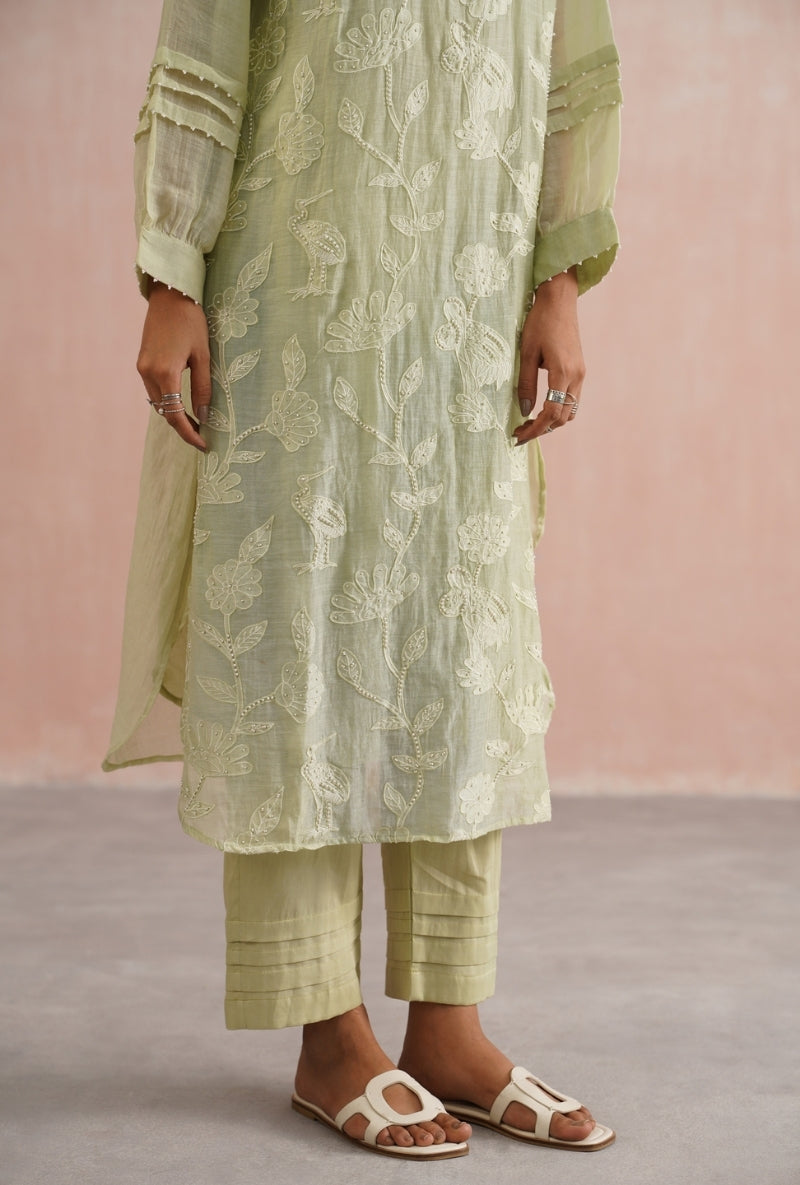 Sage Green Applique and Pearl Embroidered Prisha Kurta Set