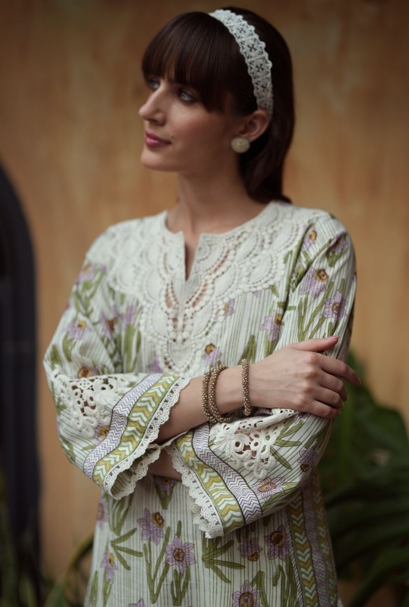 Ivory Handblock Print Straight Raisa Kurta Set