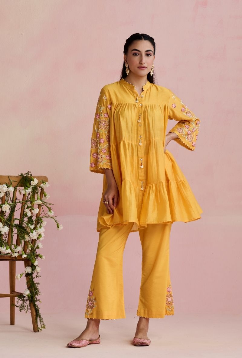 Yellow Embroidered Sleeves A Line Amara Kurta Set