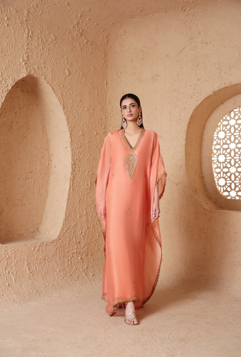 Peach Dori Embroidery Yoke Nihira Kaftan