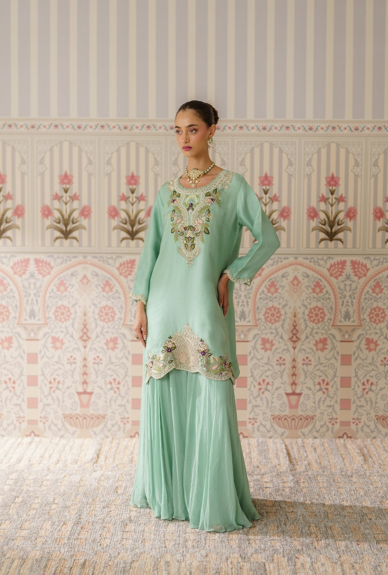 Aqua Pearl and Resham Hand Embroidered Mallika Sharara Set