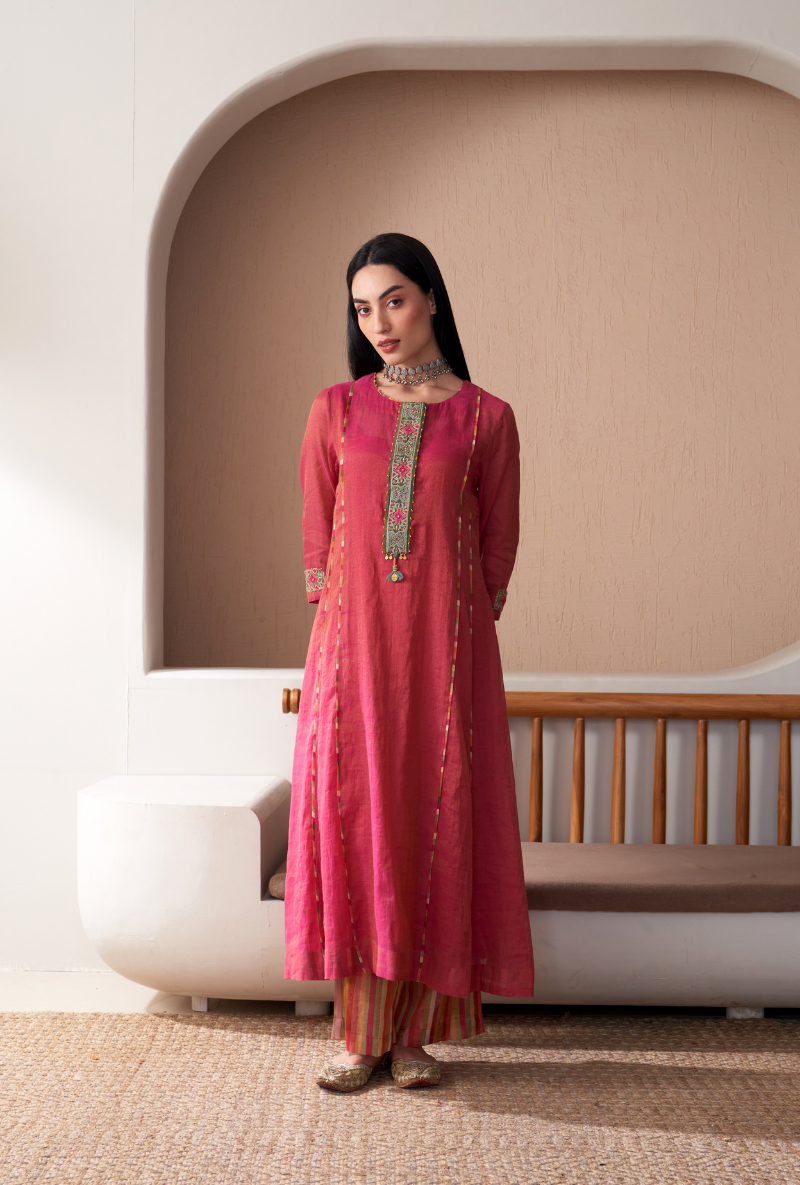 Pink Embroidered Placket Bageecha Anarkali Set