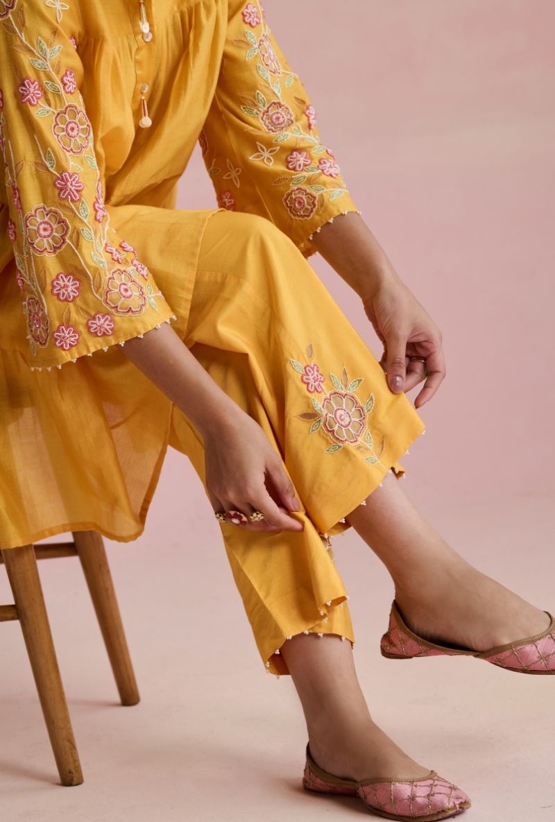 Yellow Embroidered Sleeves A Line Amara Kurta Set