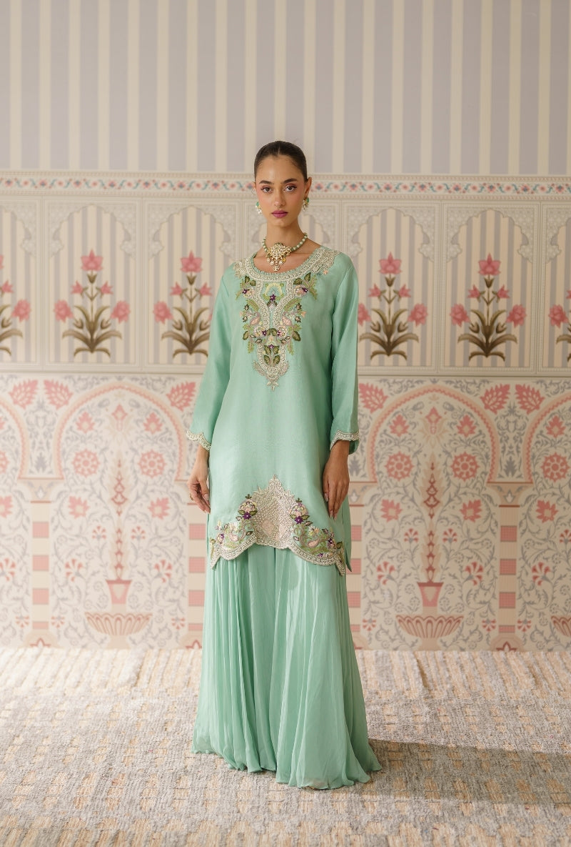 Aqua Pearl and Resham Hand Embroidered Mallika Sharara Set